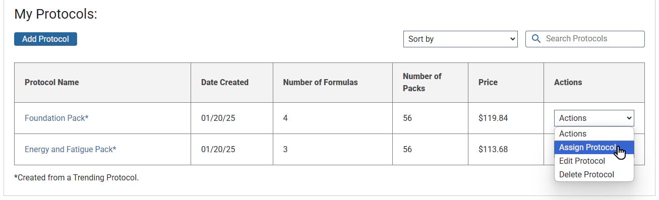 Assign protocol action dropdown Assign protocol action dropdown screenshot