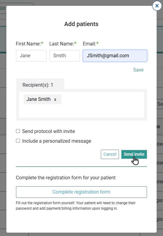 Account Menu Patient Registration screen shot